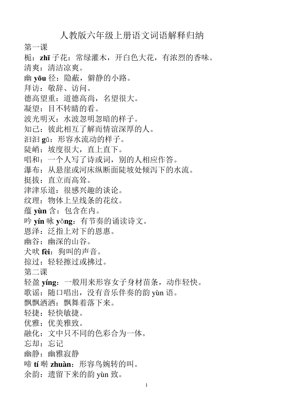 人教版六年级上册语文词语解释归纳_第1页