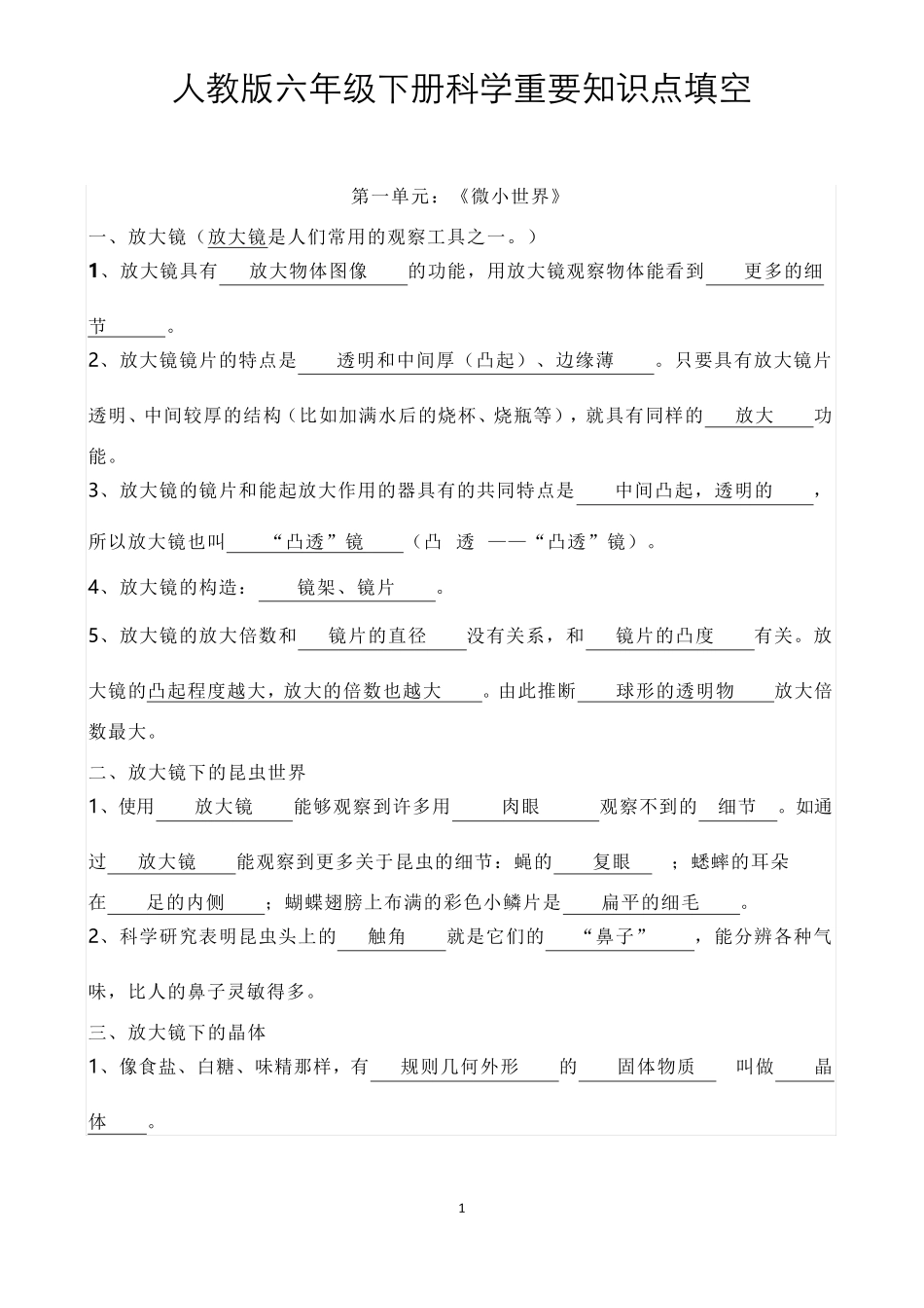 人教版六年级下册科学重要知识点填空_第1页