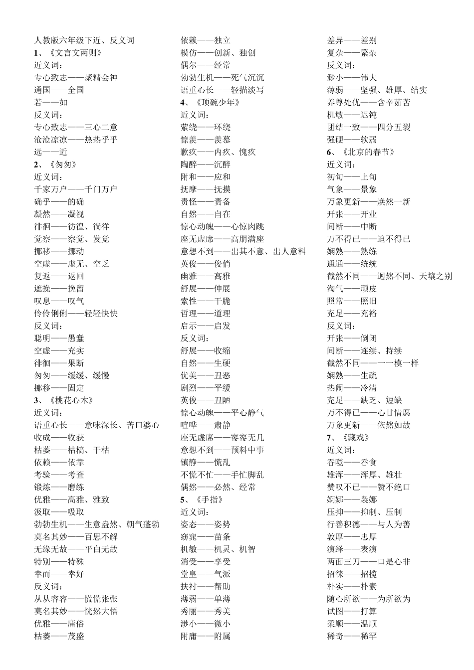 人教版六年级下近、反义词_第1页