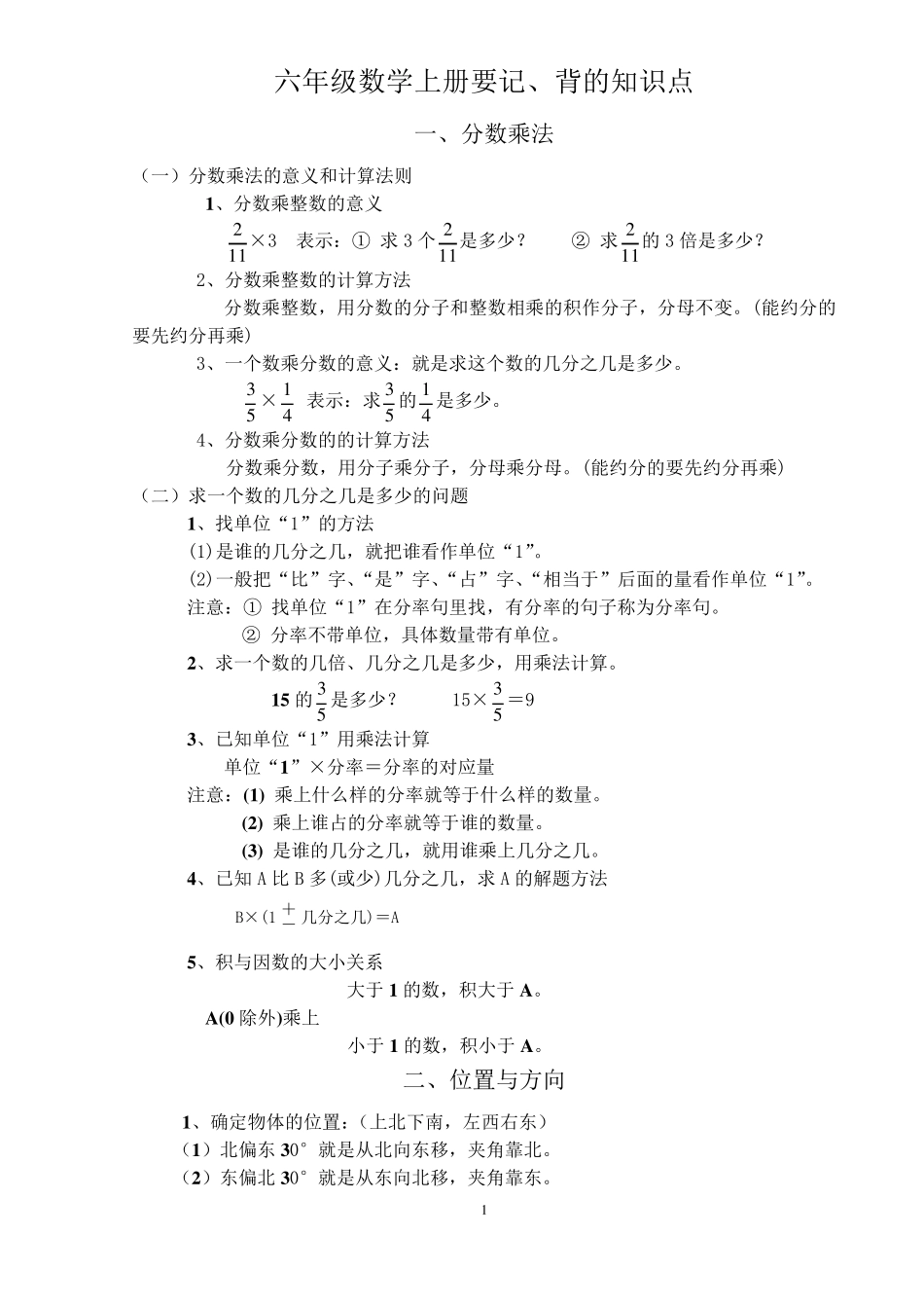 人教版六年级数学上册要记、背的知识点_第1页