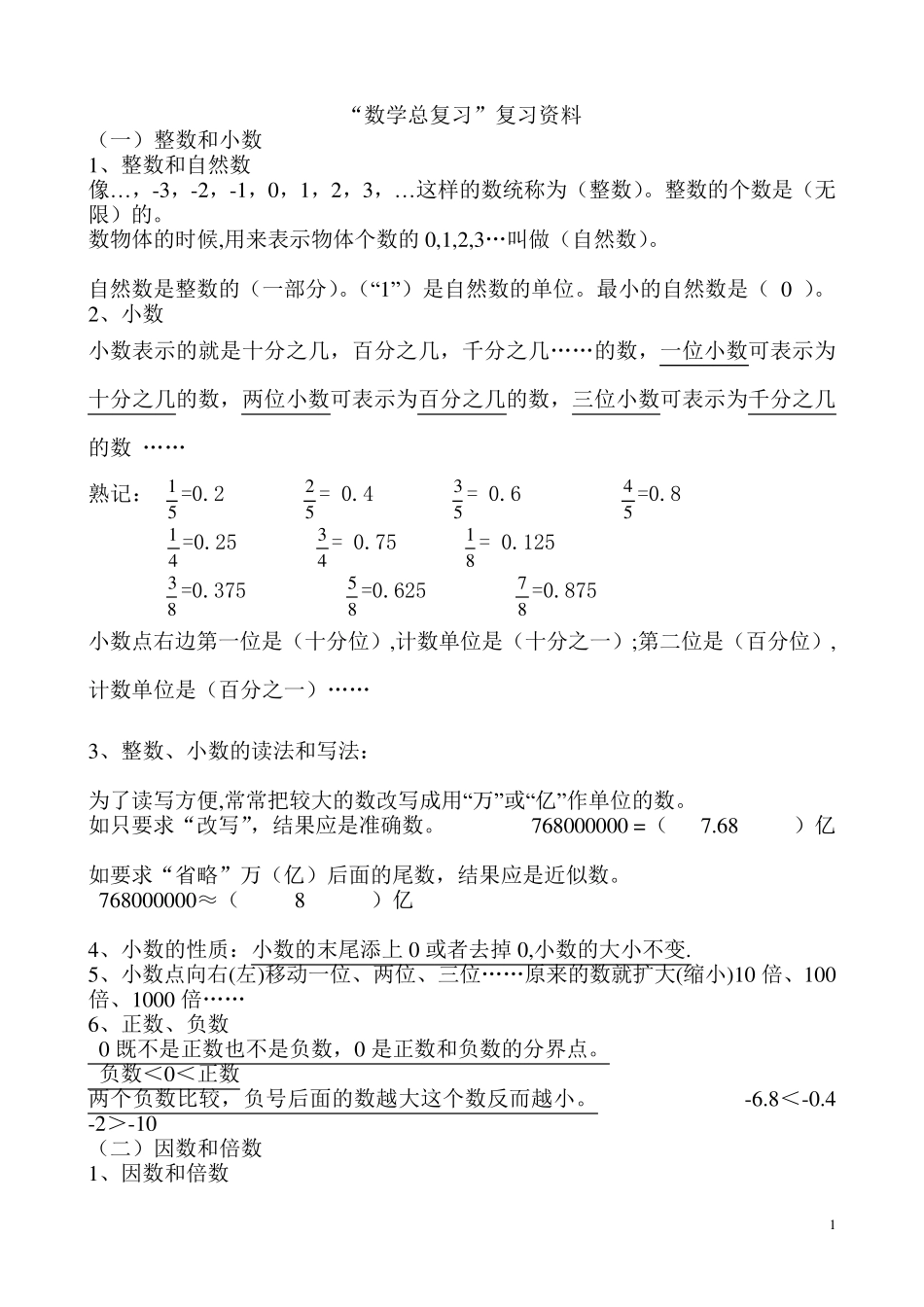 人教版六年级数学总复习资料全_第1页