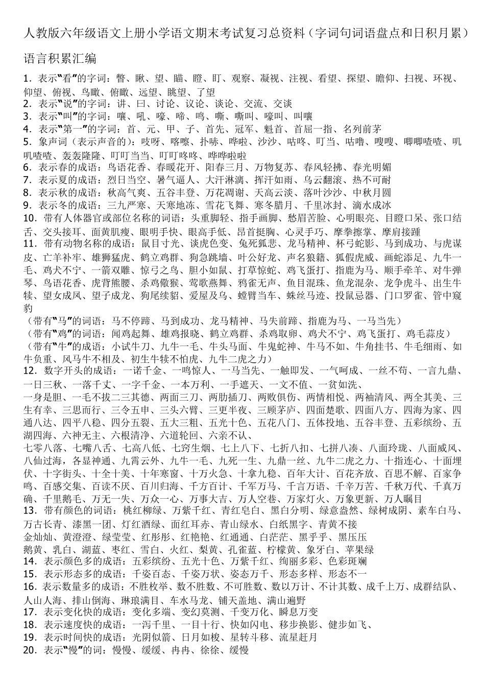 人教版六年级语文上册小学语文期末考试复习总资料(字词句词盘日积月累)_第1页