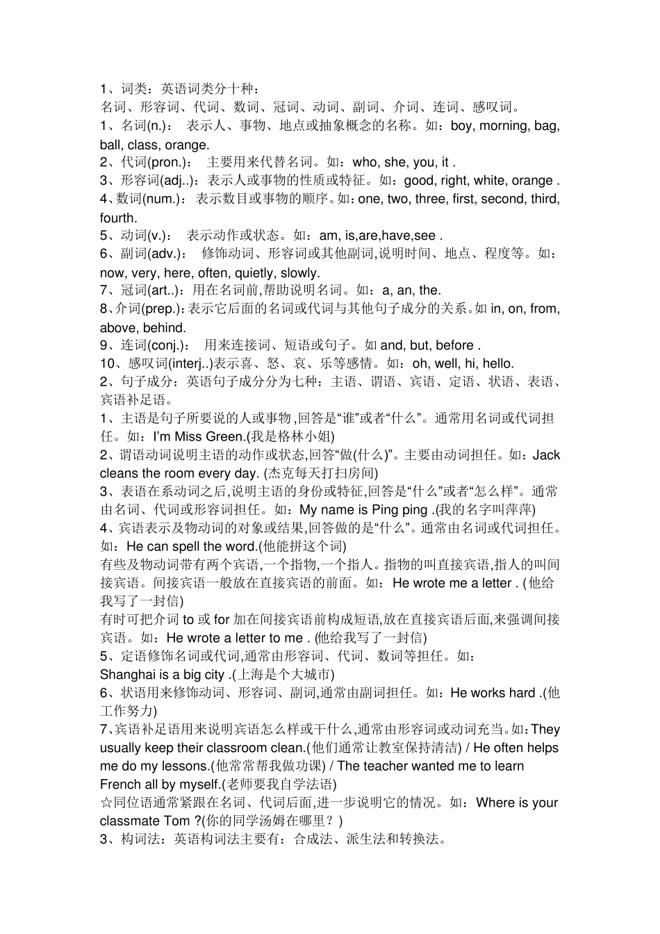 人教版初一英语上册词性_第1页