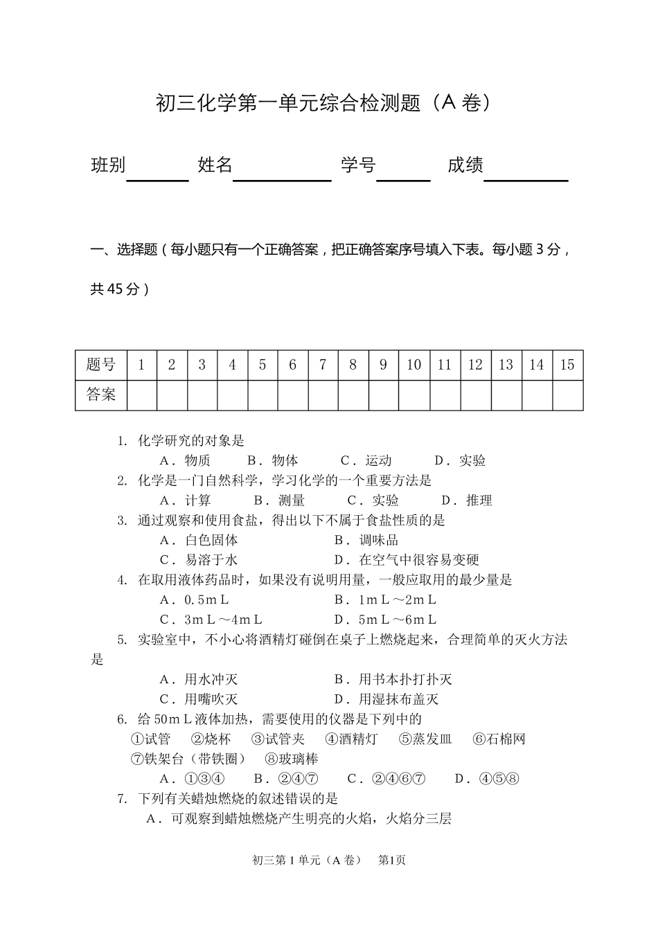 人教版初三化学第一单元测试题_第1页
