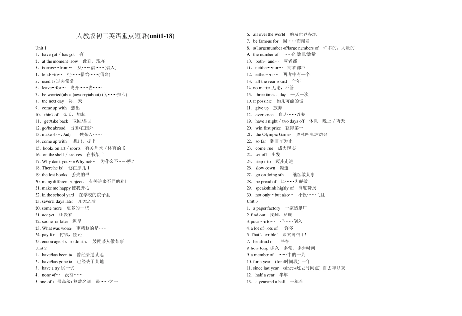 人教版初三英语重点短语(unit118)_第1页