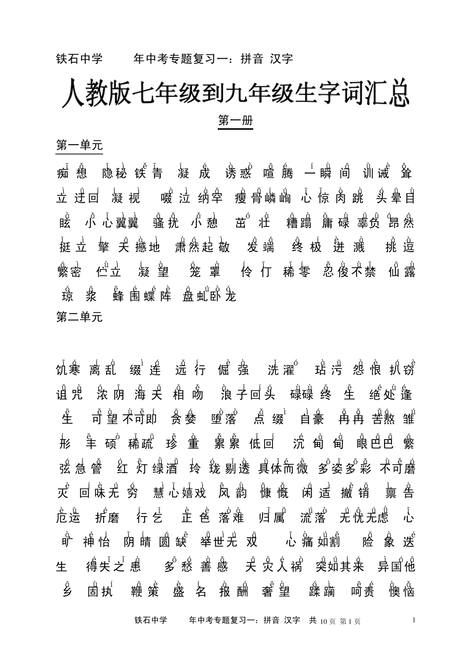 人教版初中七年级到九年级生字词汇总(有拼音)_第1页