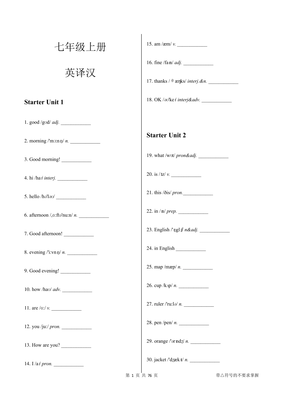 人教版初中英语词汇七至九年级汇总英译汉_第1页
