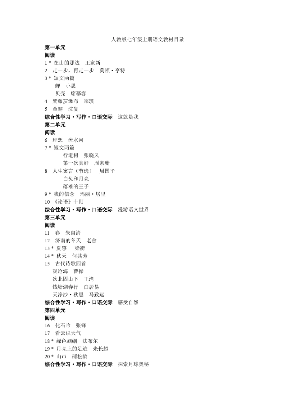 人教版初中语文七年级至九年级教材目录_第1页