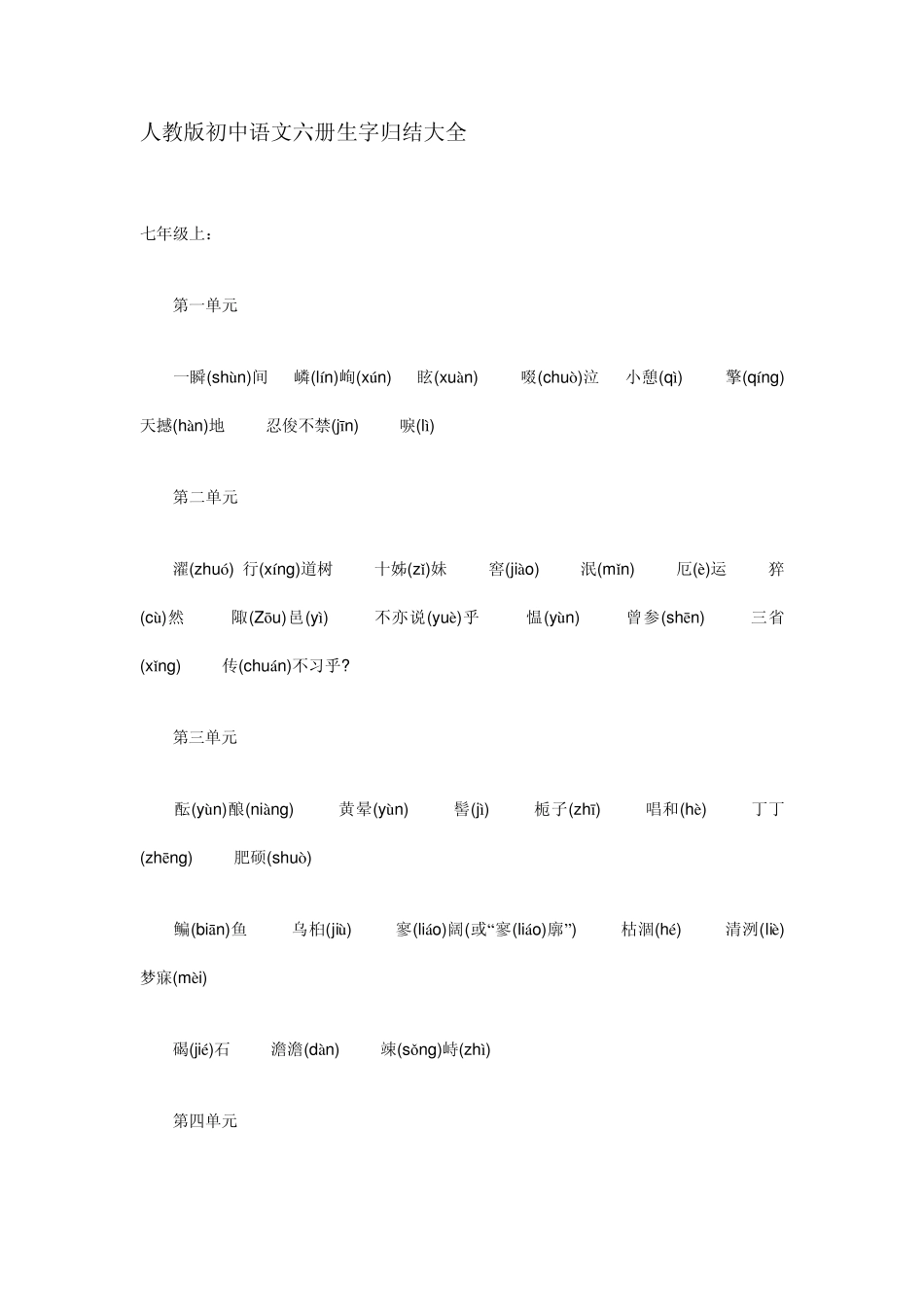 人教版初中语文六册生字归结大全_第1页