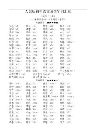 人教版初中语文易错字词汇总