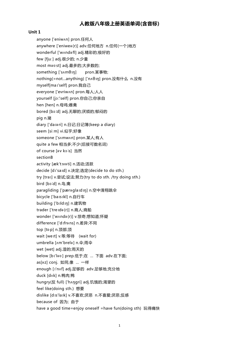 人教版初二(八年级)上下册英语单词(含音标)_第1页