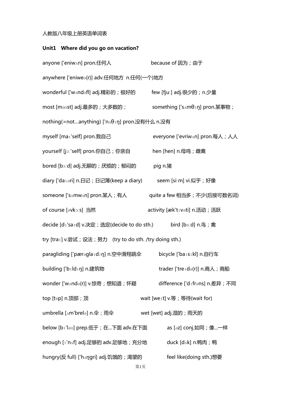 人教版初二上册英语单词表_第1页