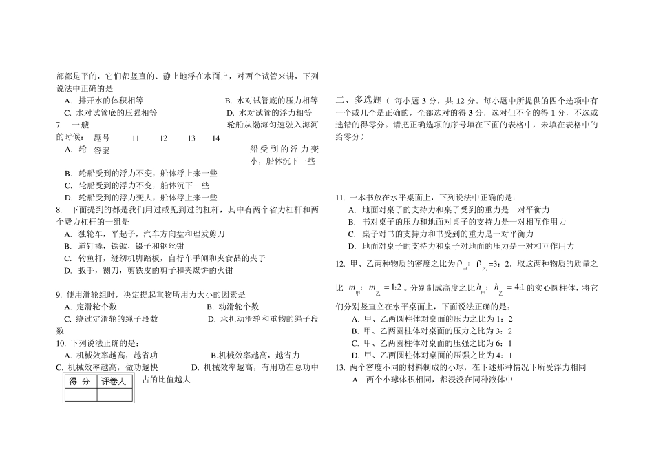 人教版初二下册物理期末试卷及答案_第2页