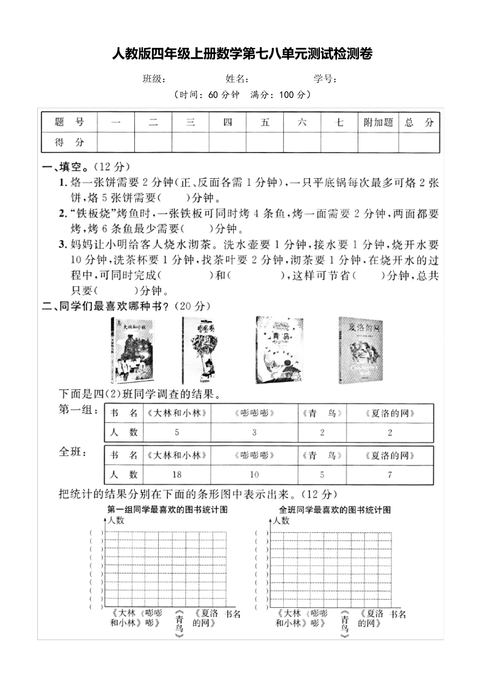 人教版四年级上册数学第七八单元测试检测卷含参考答案_第1页