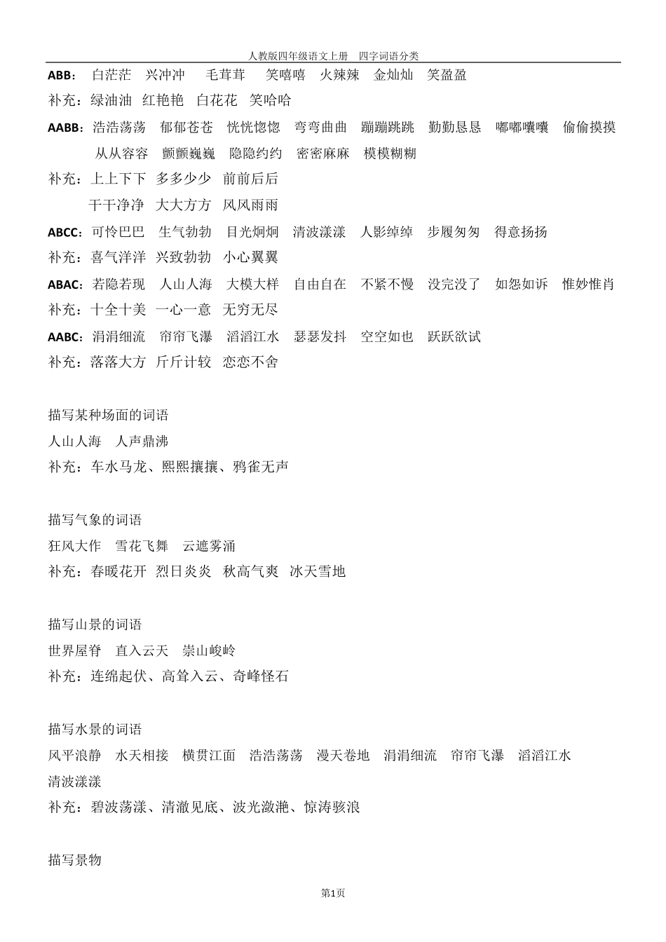 人教版四年级上册语文四字词语分类_第1页