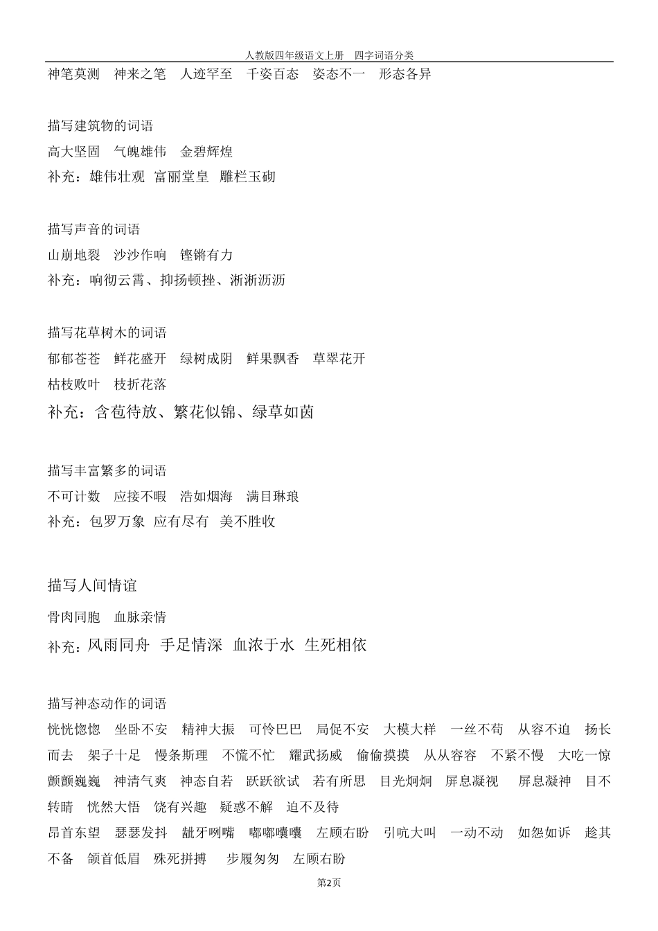 人教版四年级上册语文四字词语分类_第2页