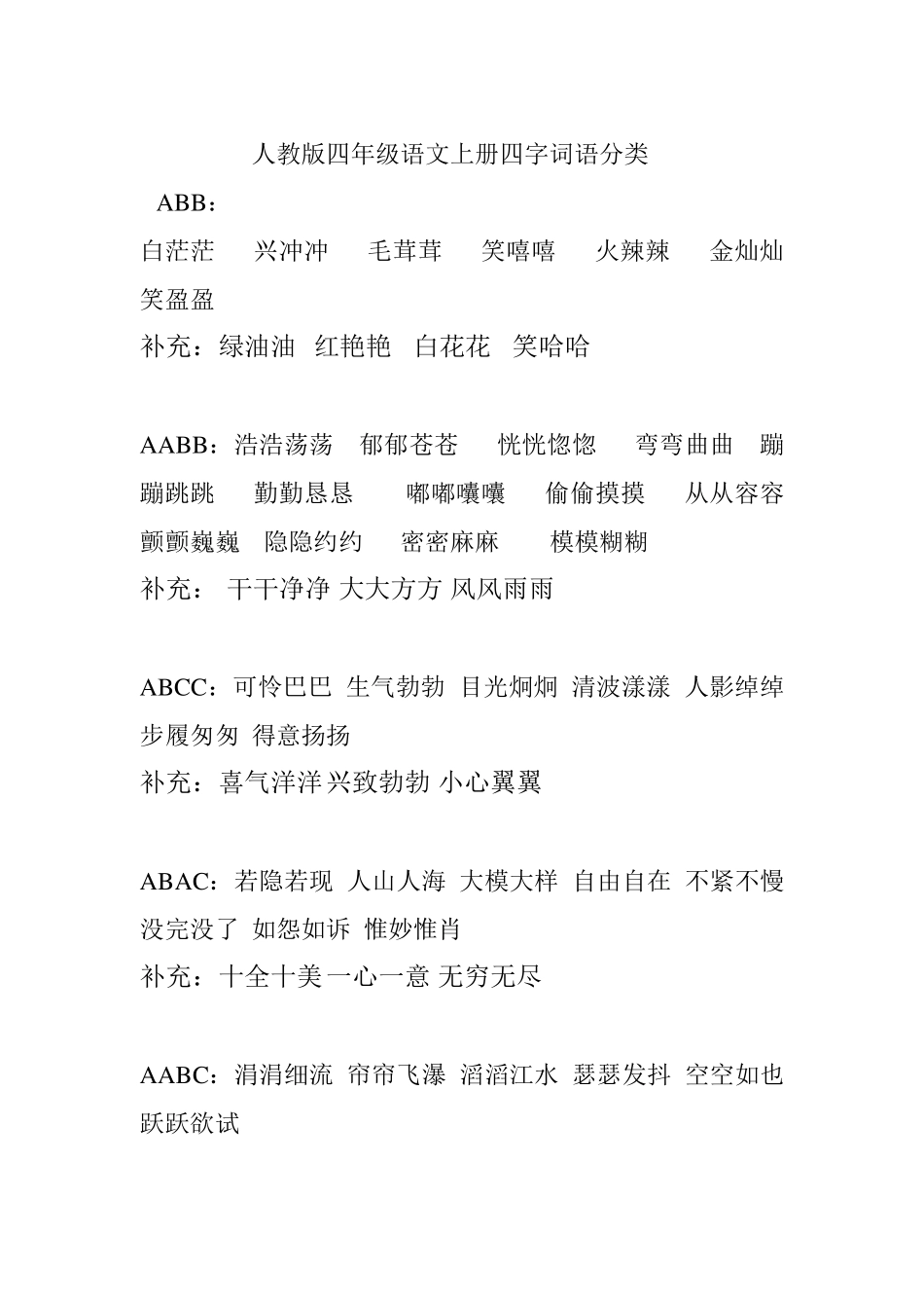 人教版四年级语文上册四字词语分类_第1页