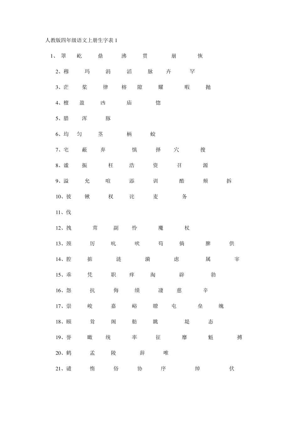 人教版四年级语文上册生字表1_第1页