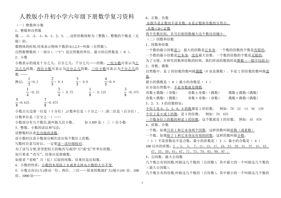 人教版小升初小学六年级下册数学重难点知识点复习资料大全_第1页