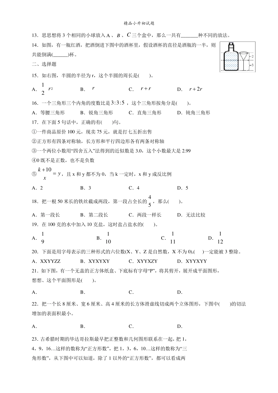 人教版小升初数学考试试卷_第2页