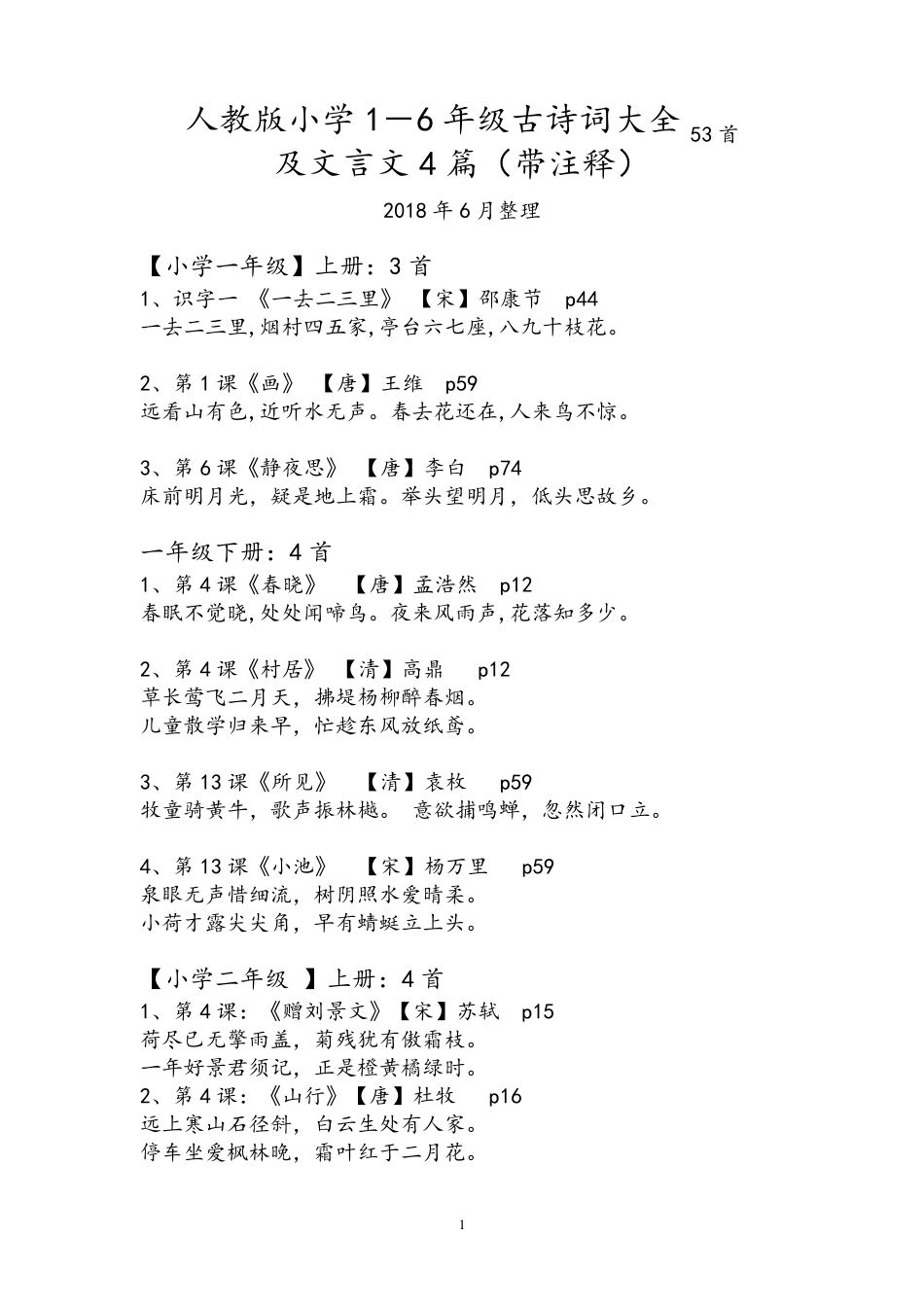 人教版小学16年级古诗词大全53首,文言文4篇带注释_第1页