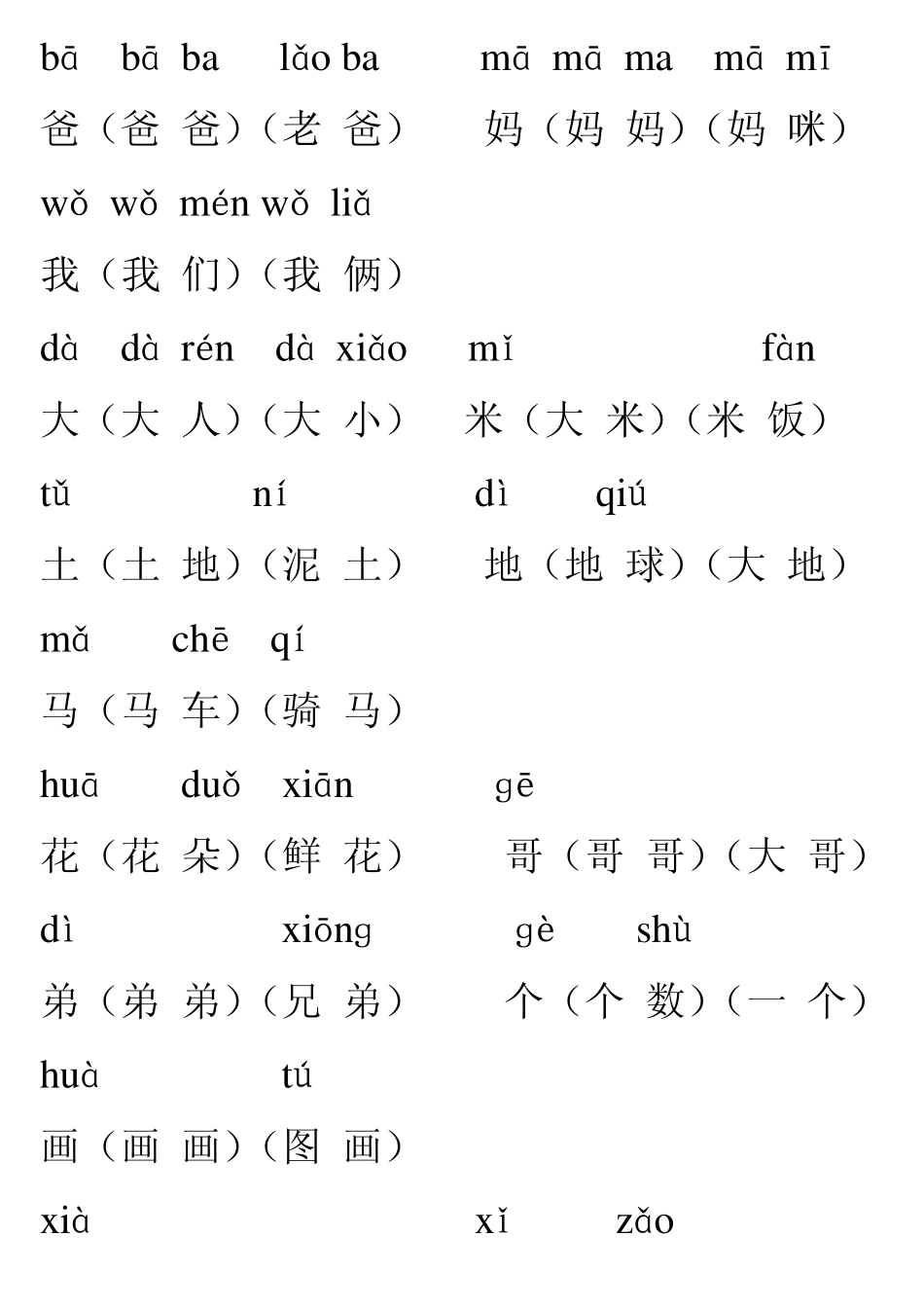 人教版小学一年级上册带拼音生字表组词(生字表一)_第1页
