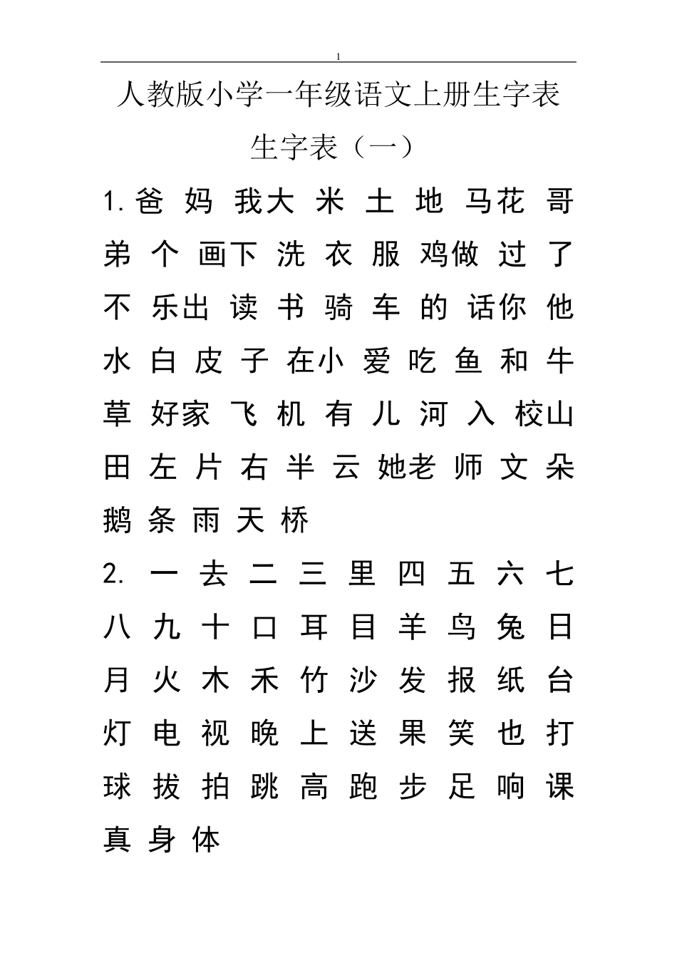 人教版小学一年级语文上下册生字表_第1页