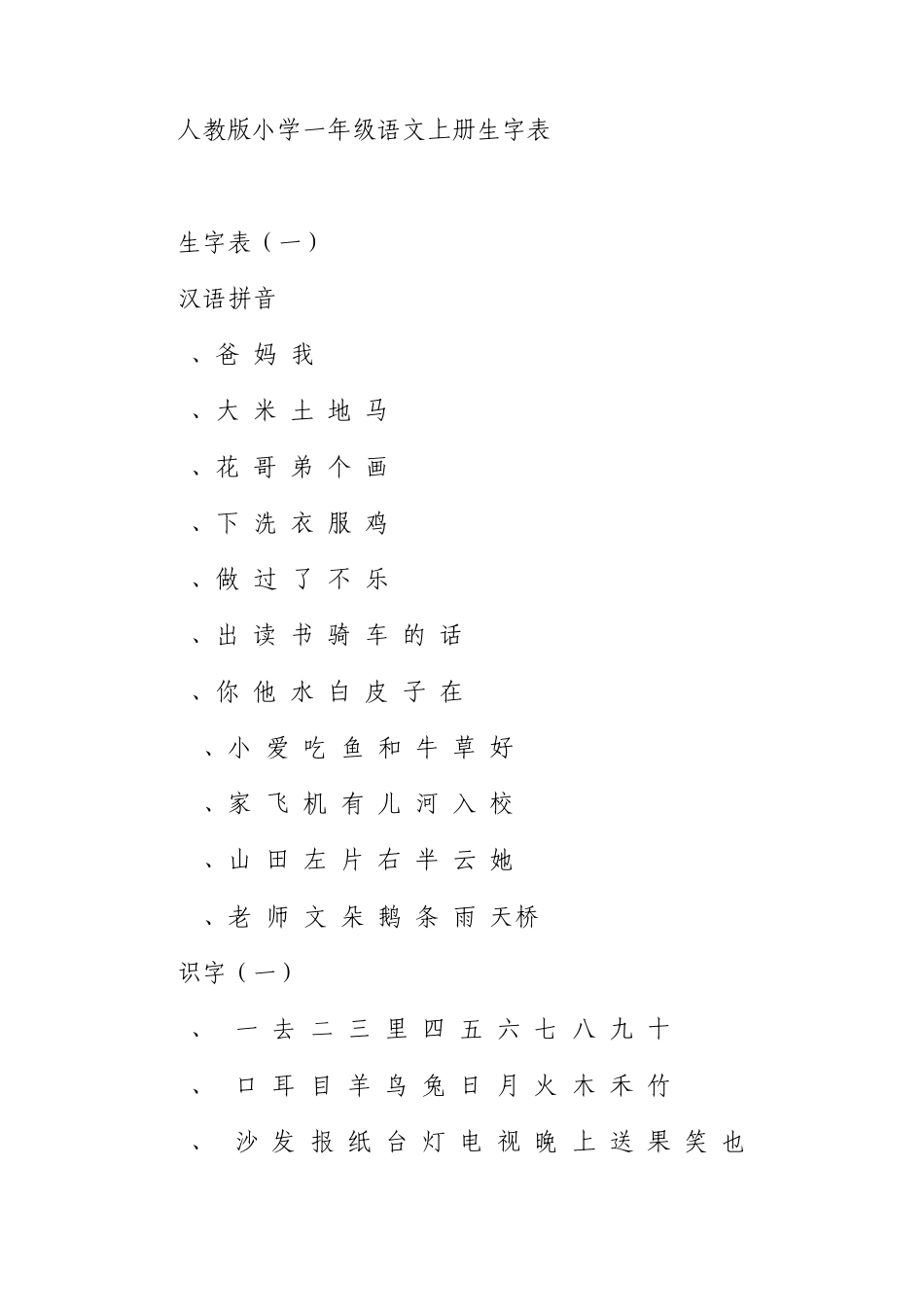 人教版小学一年级语文上册生字表_第1页