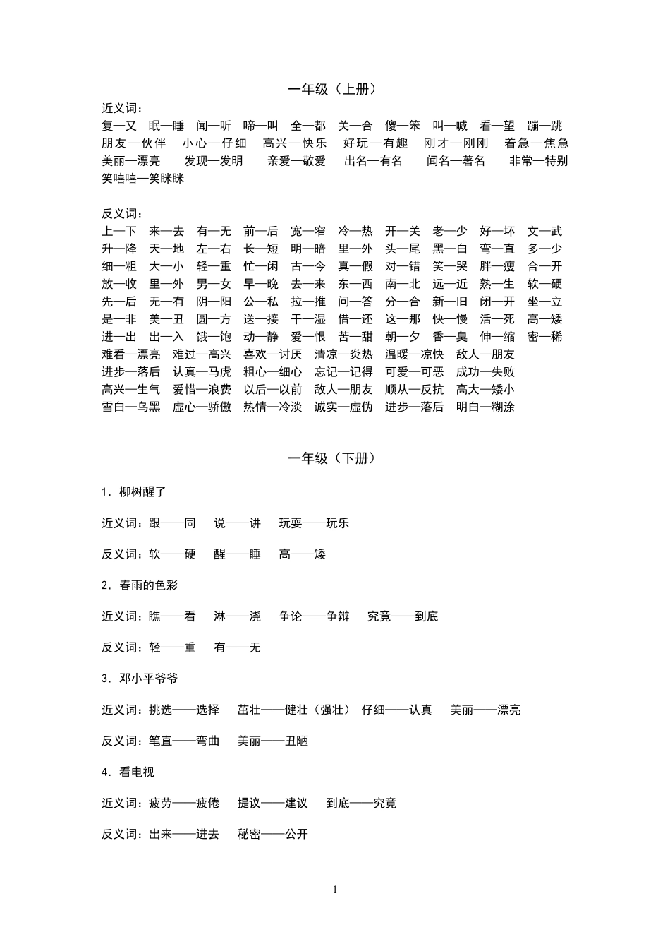人教版小学一至三年级语文近义词和反义词_第1页