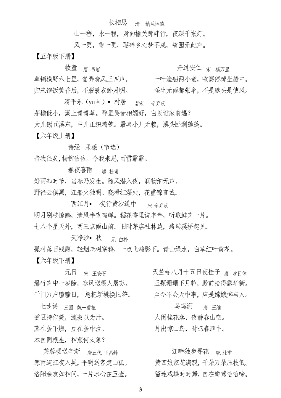 人教版小学一至六年级古诗词及日积月累和词语盘点大汇总(最新整理,可A4纸打印)_第3页