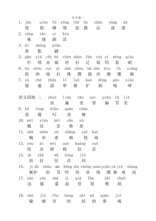 人教版小学三年级下册语文生字表、词语表