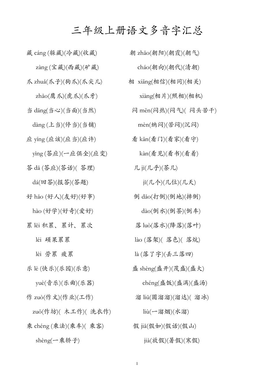 人教版小学三年级语文上册多音字汇总_第1页