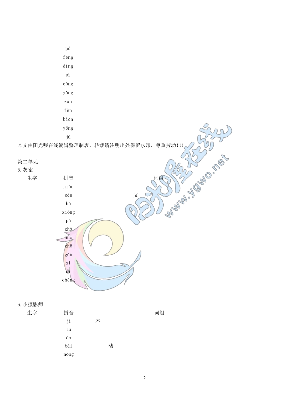 人教版小学三年级语文上册生字表(含拼音组词)_第2页