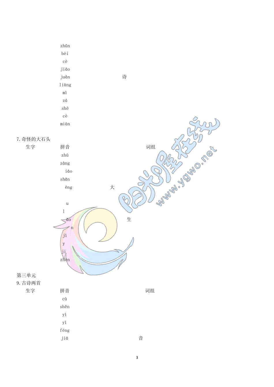 人教版小学三年级语文上册生字表(含拼音组词)_第3页