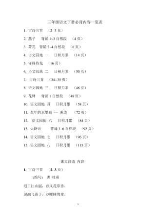 人教版小学三年级语文下册背诵篇目及内容