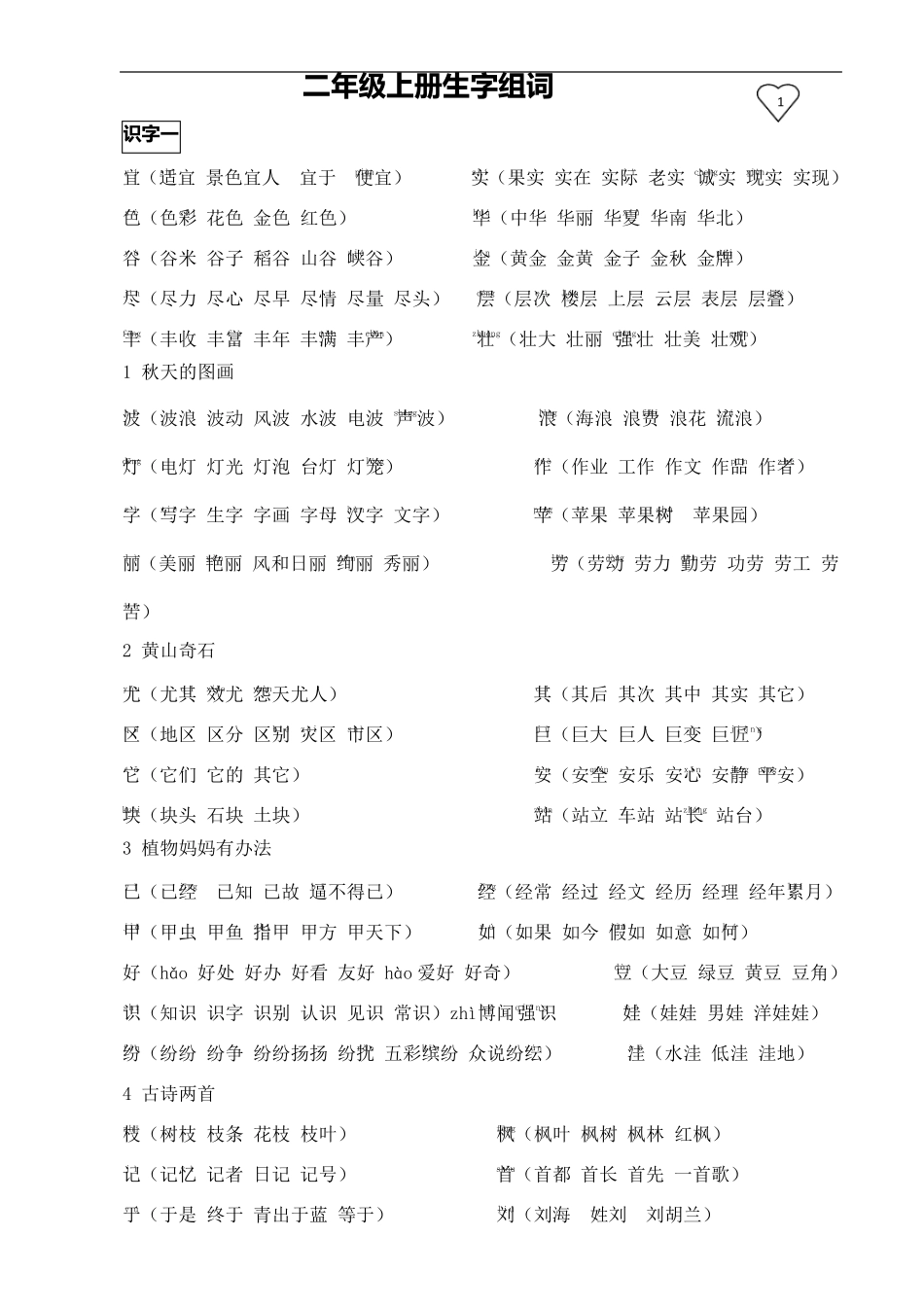 人教版小学二年级上册语文生字表组词拼音_第1页