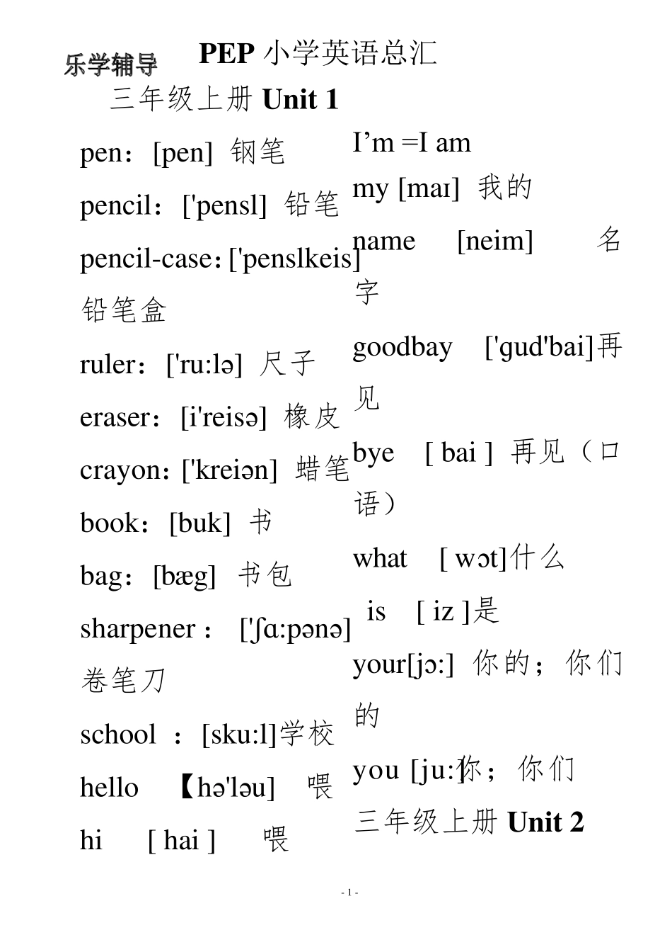 人教版小学英语单词表(带音标)_第1页