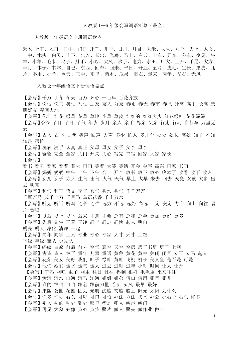 人教版小学语文16年级词语盘点汇总_第1页