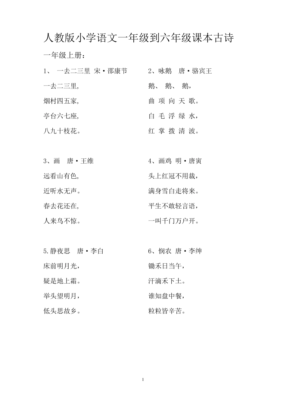 人教版小学语文一年级至六年级课本古诗汇集_第1页