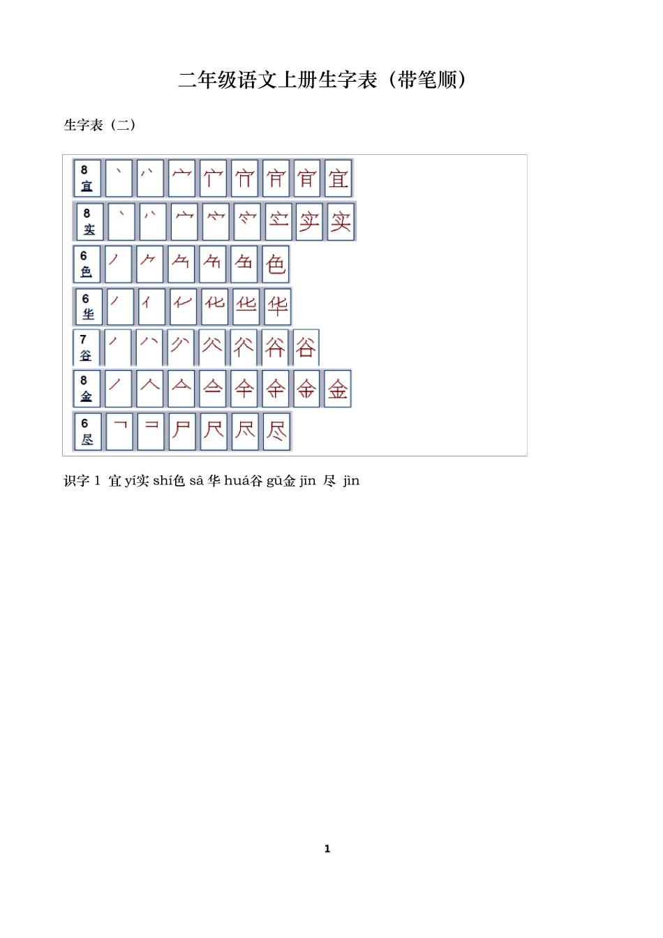 人教版小学语文二年级上册生字表(带笔顺)_第1页