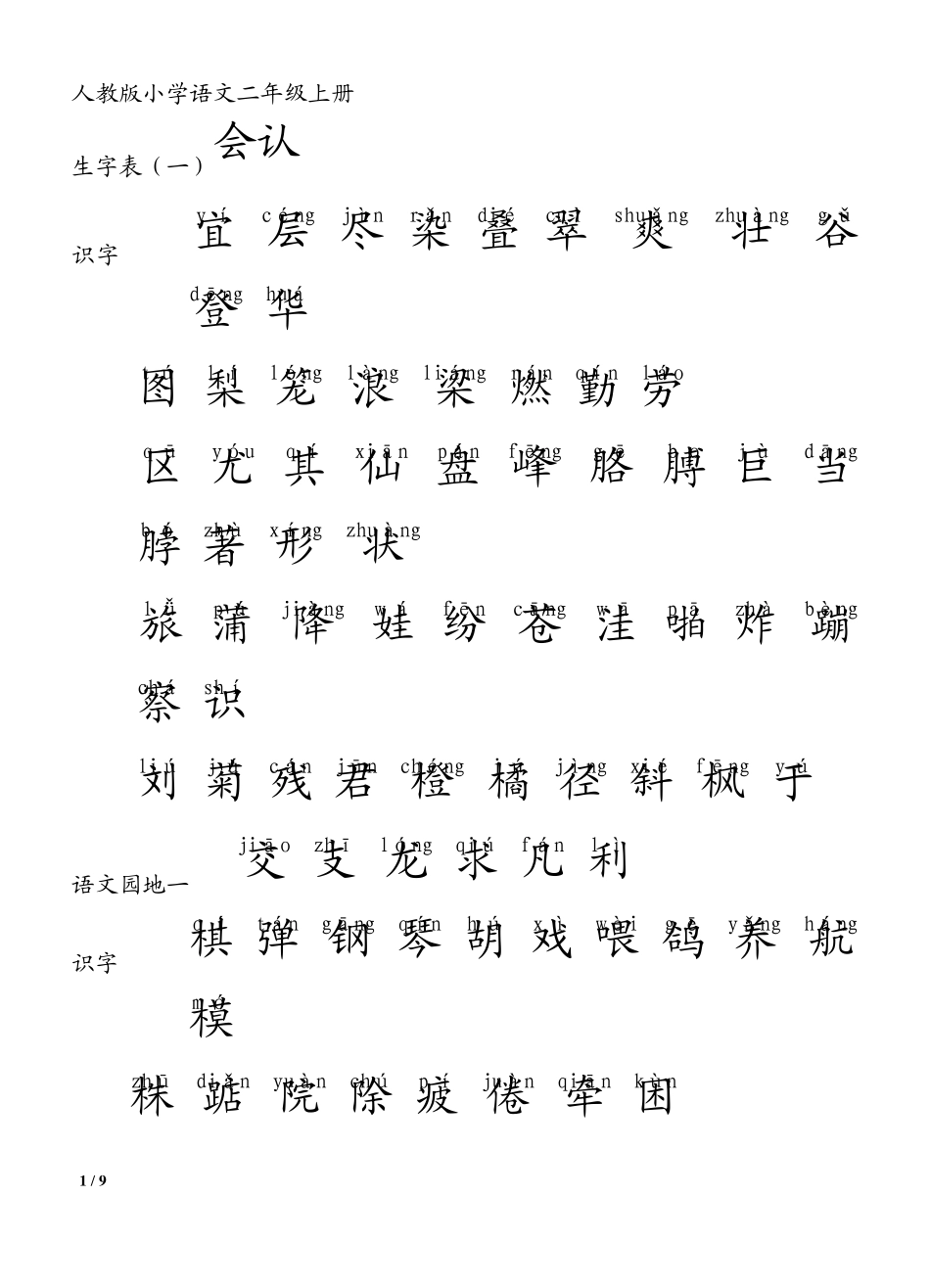 人教版小学语文二年级上册生字表(生字表1+2)_第1页