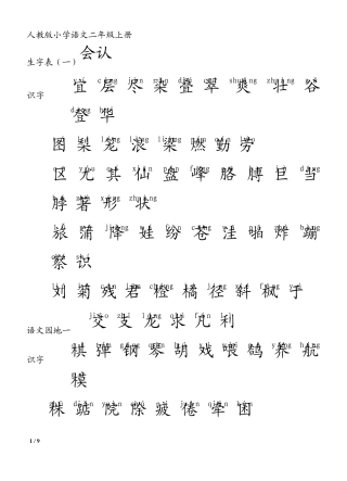 人教版小学语文二年级上册生字表(生字表1+2)
