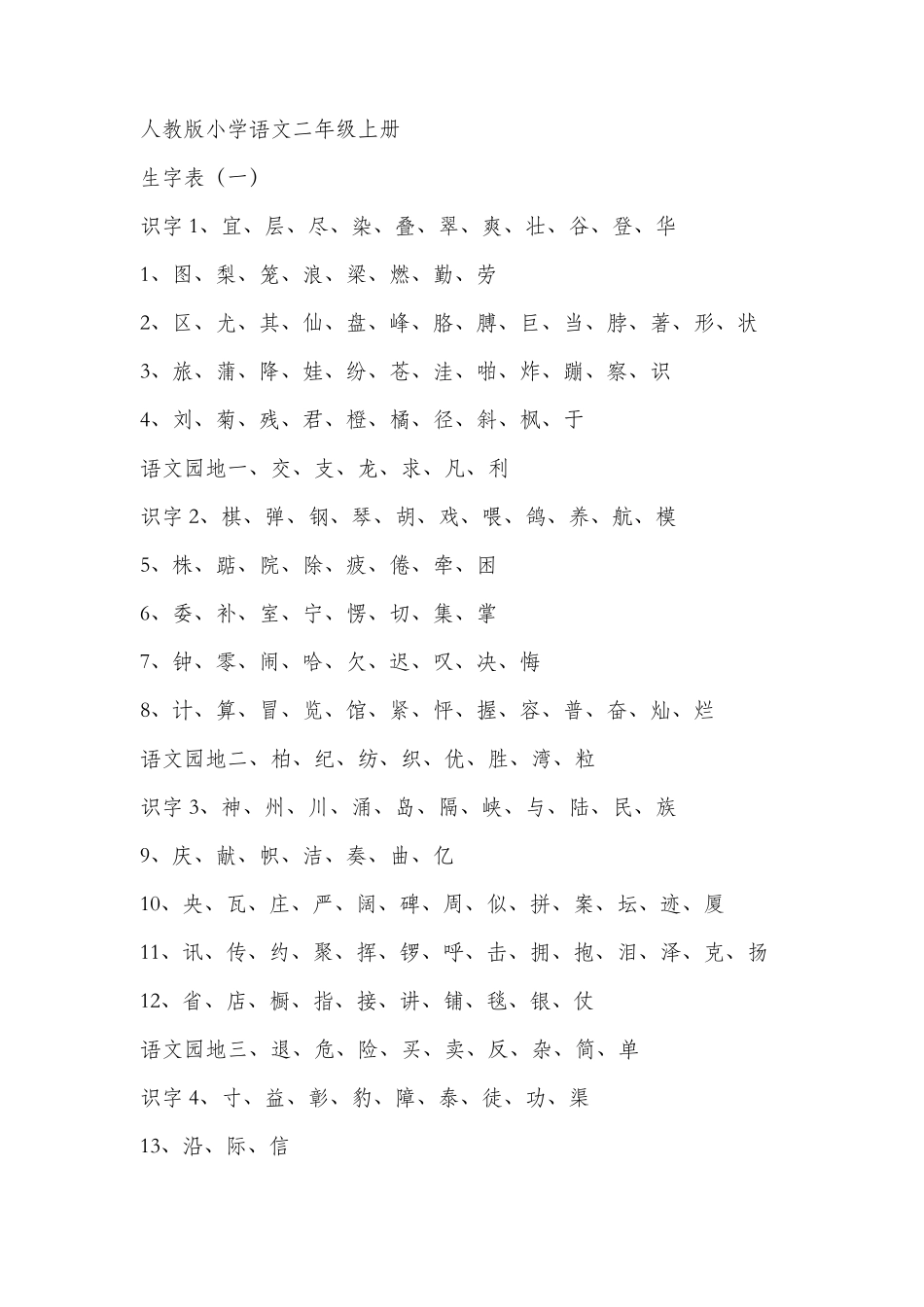 人教版小学语文二年级生字表_第1页