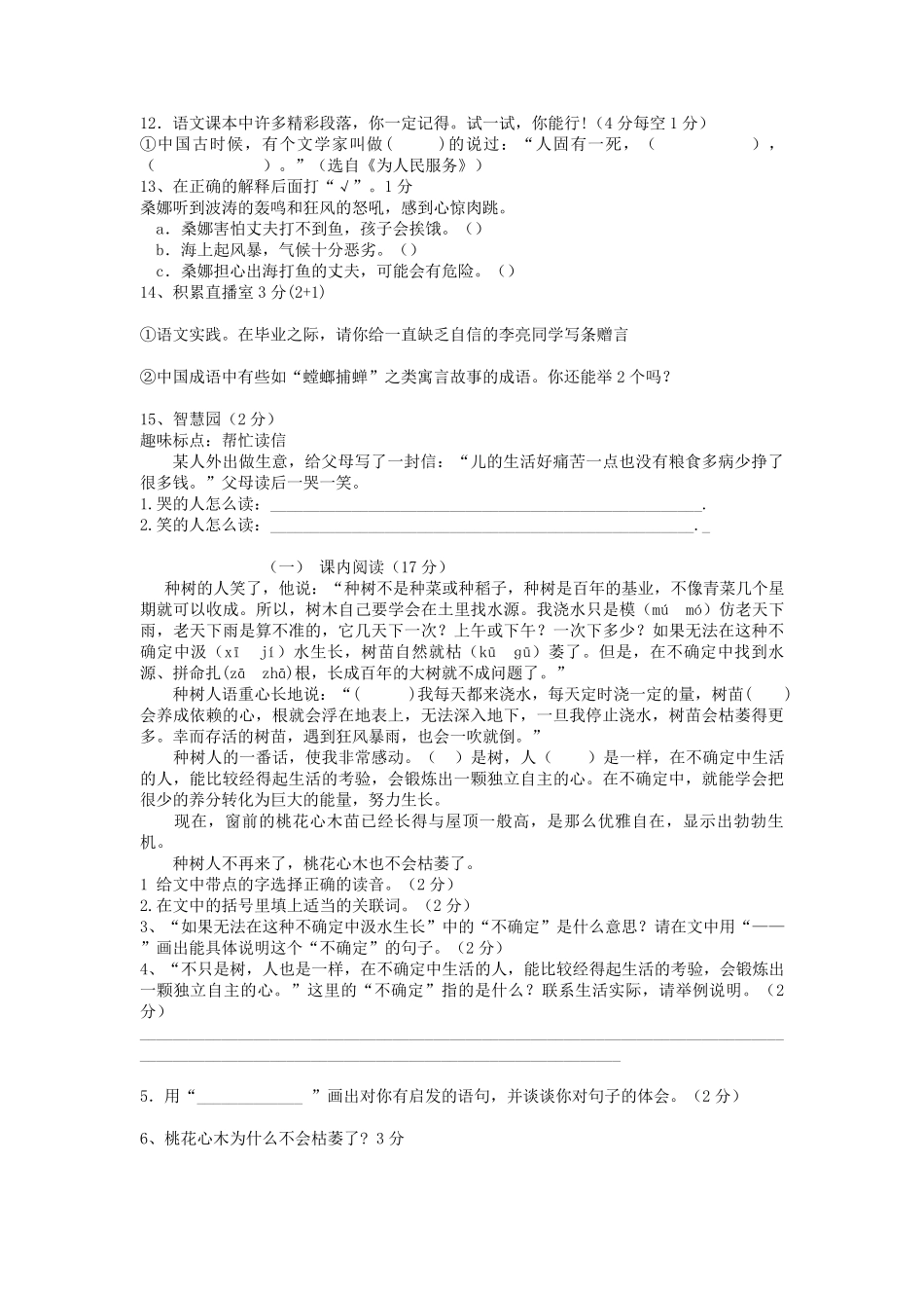 人教版小学语文六年级下册毕业考试试卷及答案_第2页