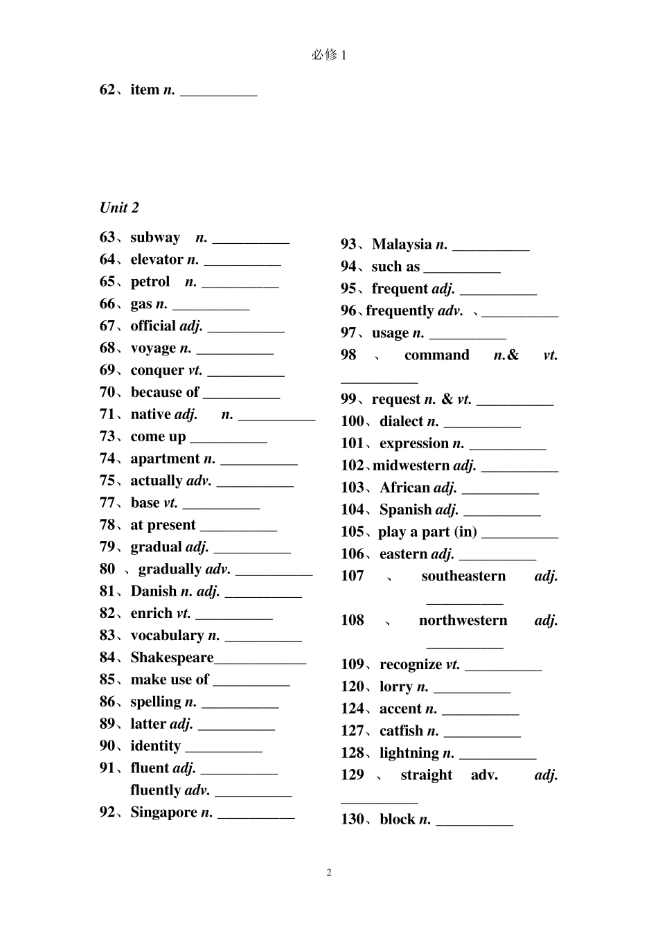 人教版必修15词汇表(英汉分开供听写用)_第2页
