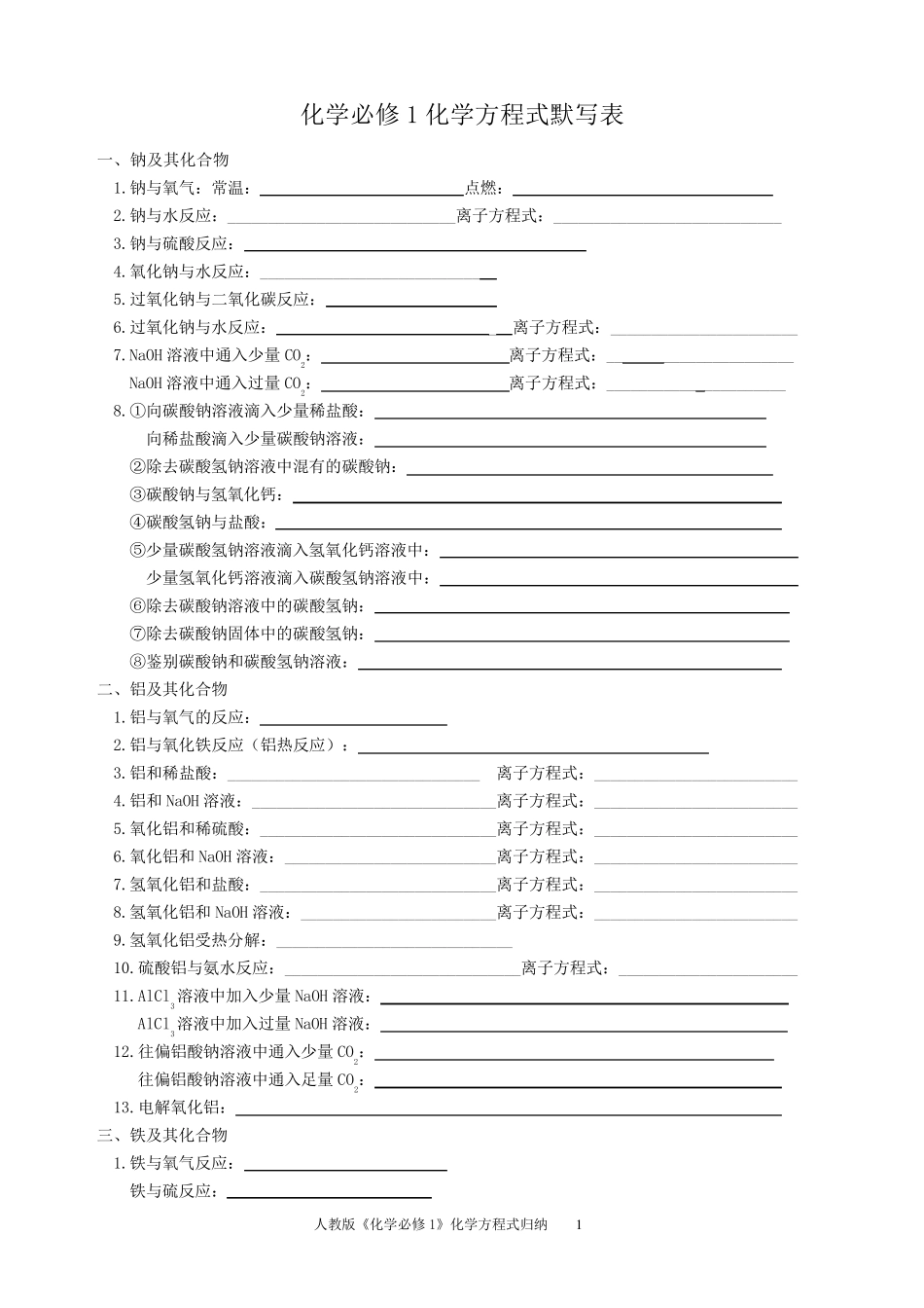 人教版必修一化学方程式默写归纳及练习_第1页