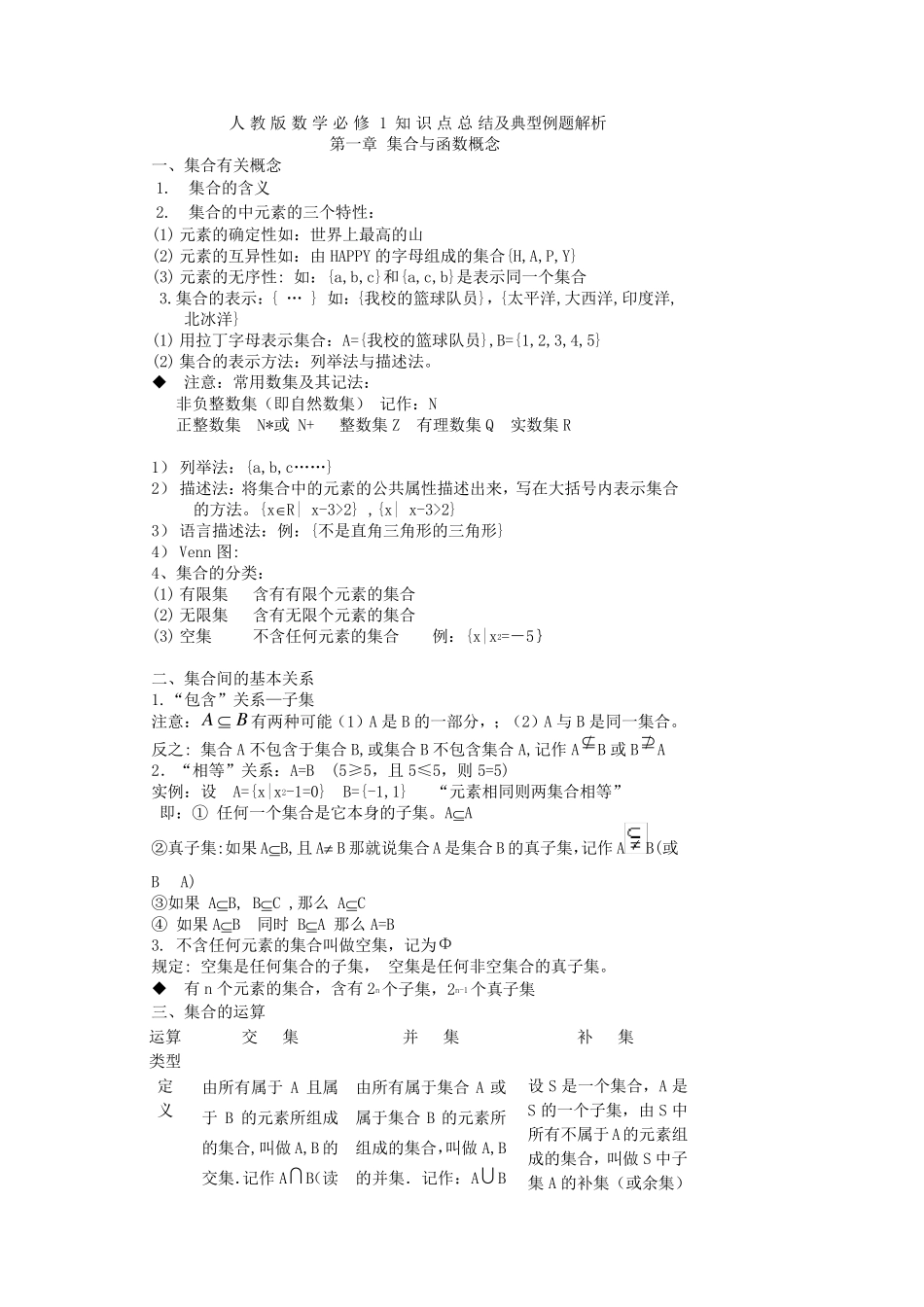 人教版数学必修1知识点总结及典型例题解析_第1页