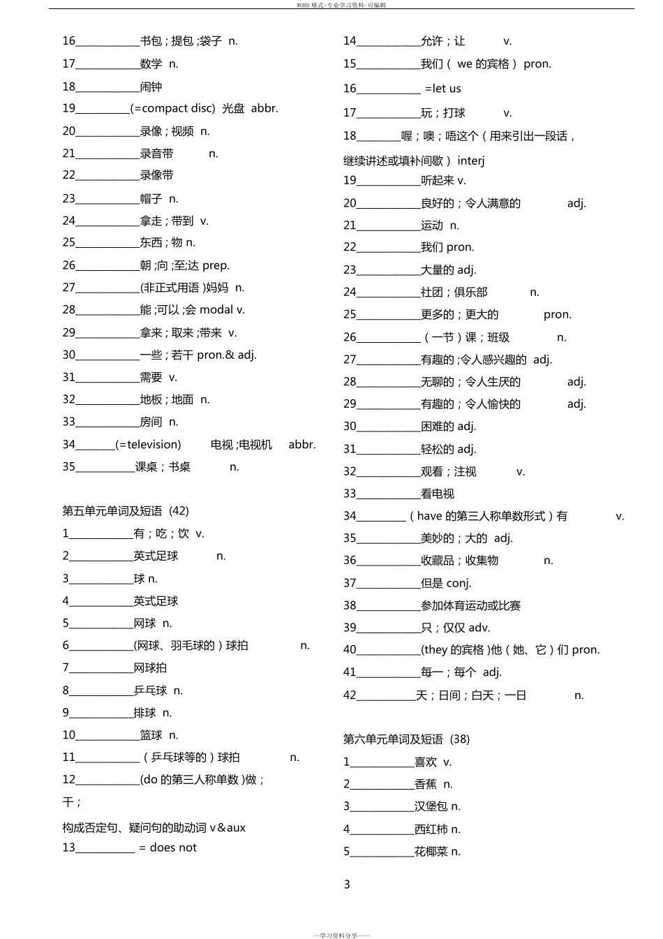 人教版新目标七年级上册英语单词默写表_第3页