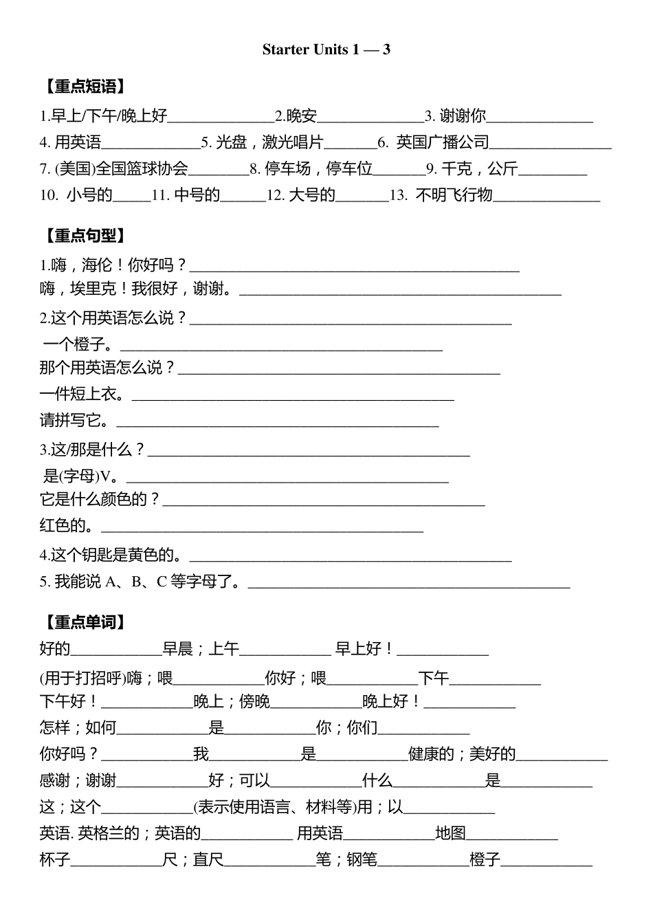 人教版新目标七年级上英语重点单词、短语、句型默写版_第1页