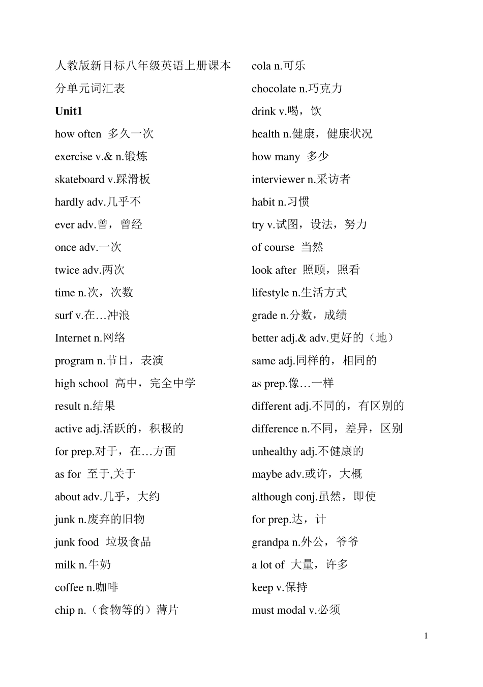 人教版新目标八年级上册英语单词表_第1页